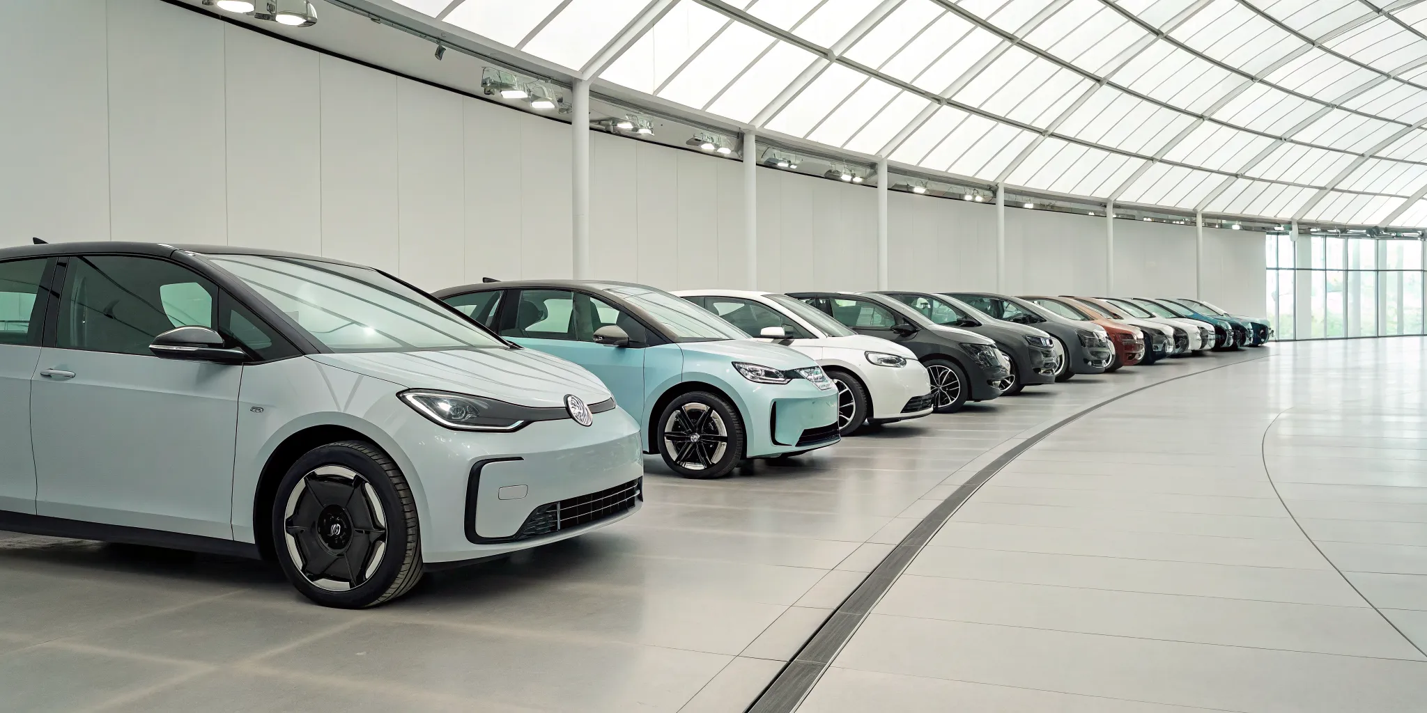 A selection of cheap used electric cars lined up for sale at a dealership.