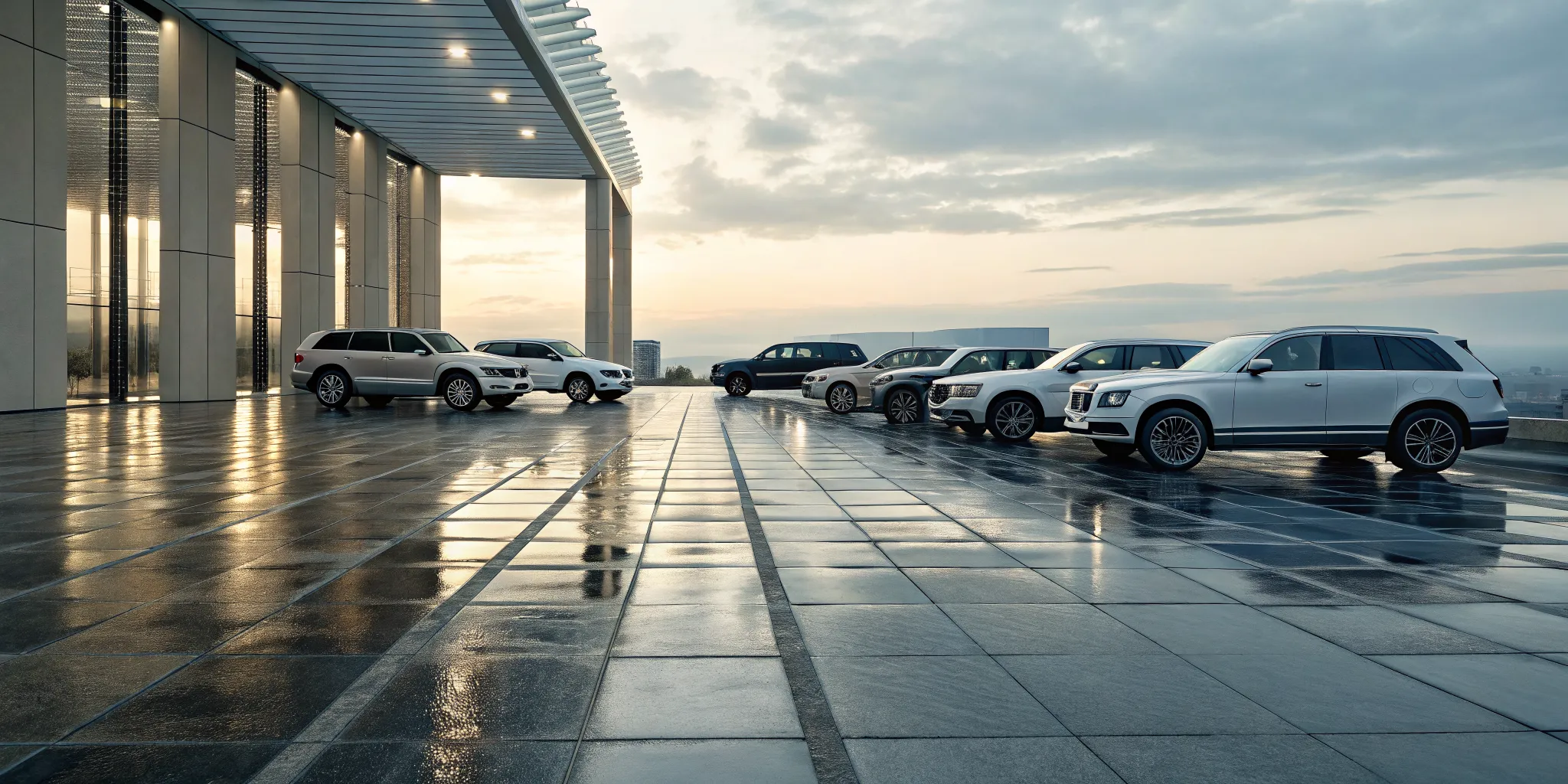 A lineup of the best used luxury SUVs under $20,000 parked on a city rooftop at sunset.