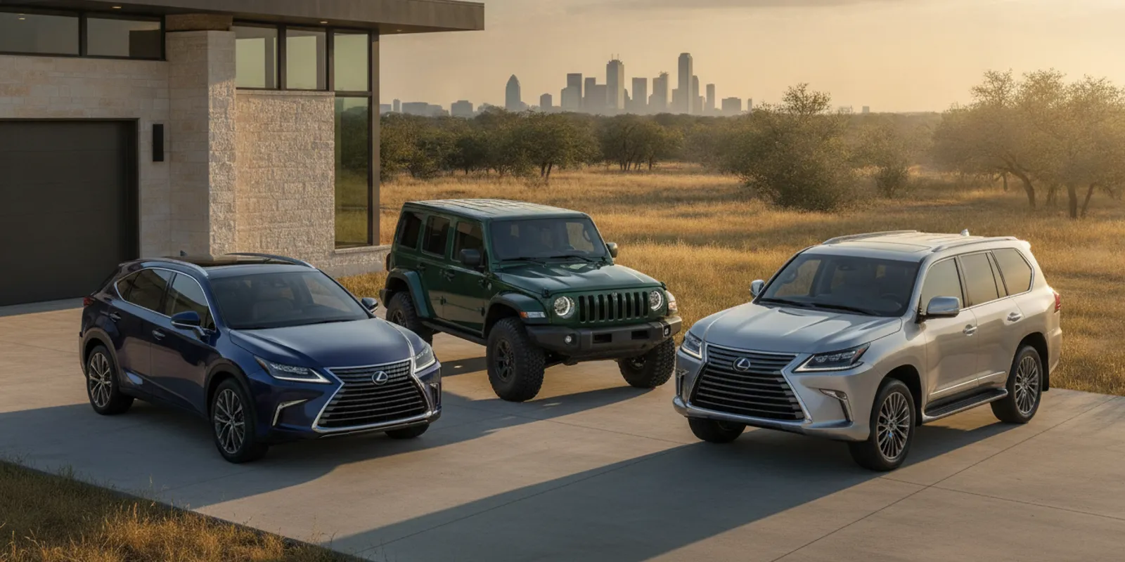 Three Lexus SUVs parked outside a modern home with room for a family