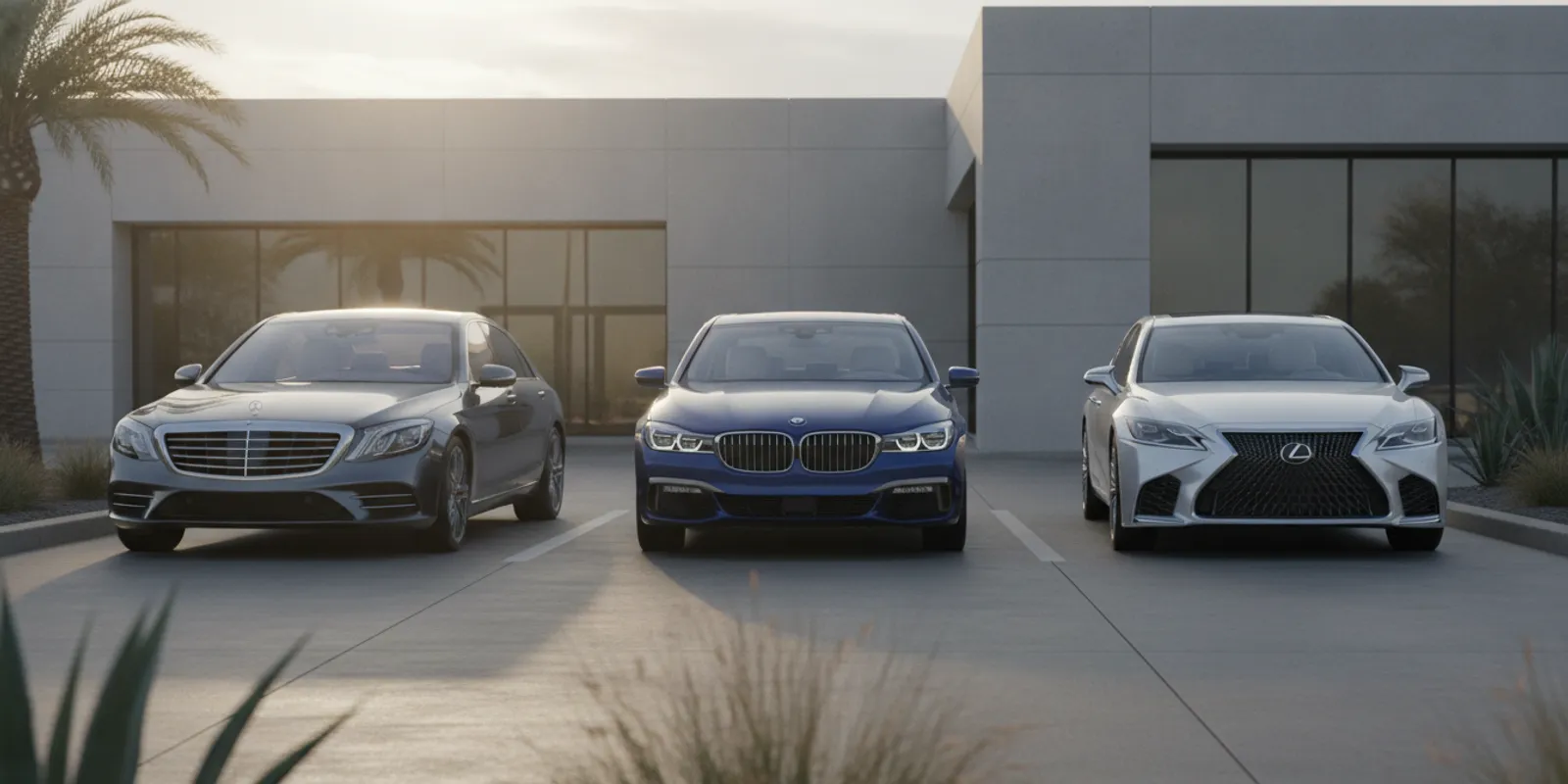Side-by-side price, mileage, and drivetrain comparison of a Mercedes-Benz E 350, BMW 530i, and Lexus ES sedan