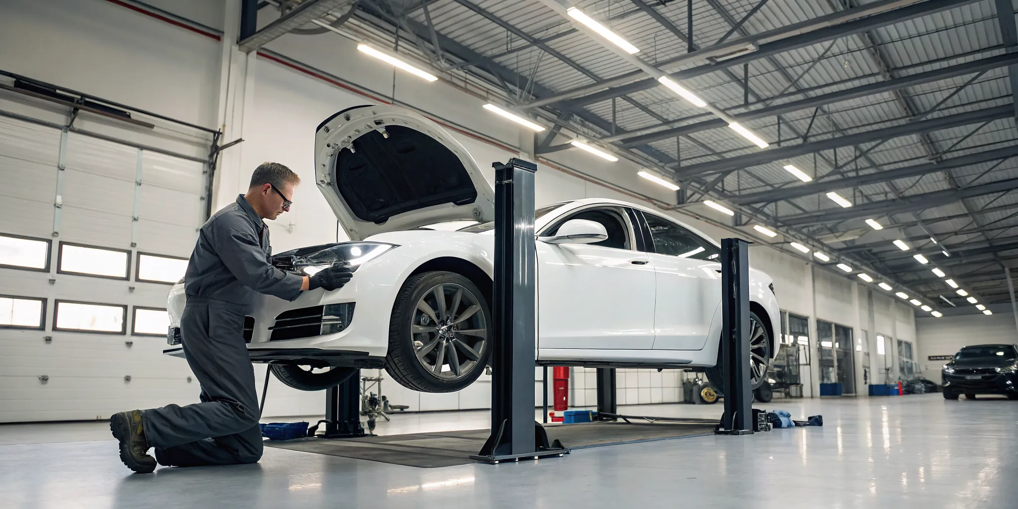White Tesla on a lift getting common repairs at an independent shop.