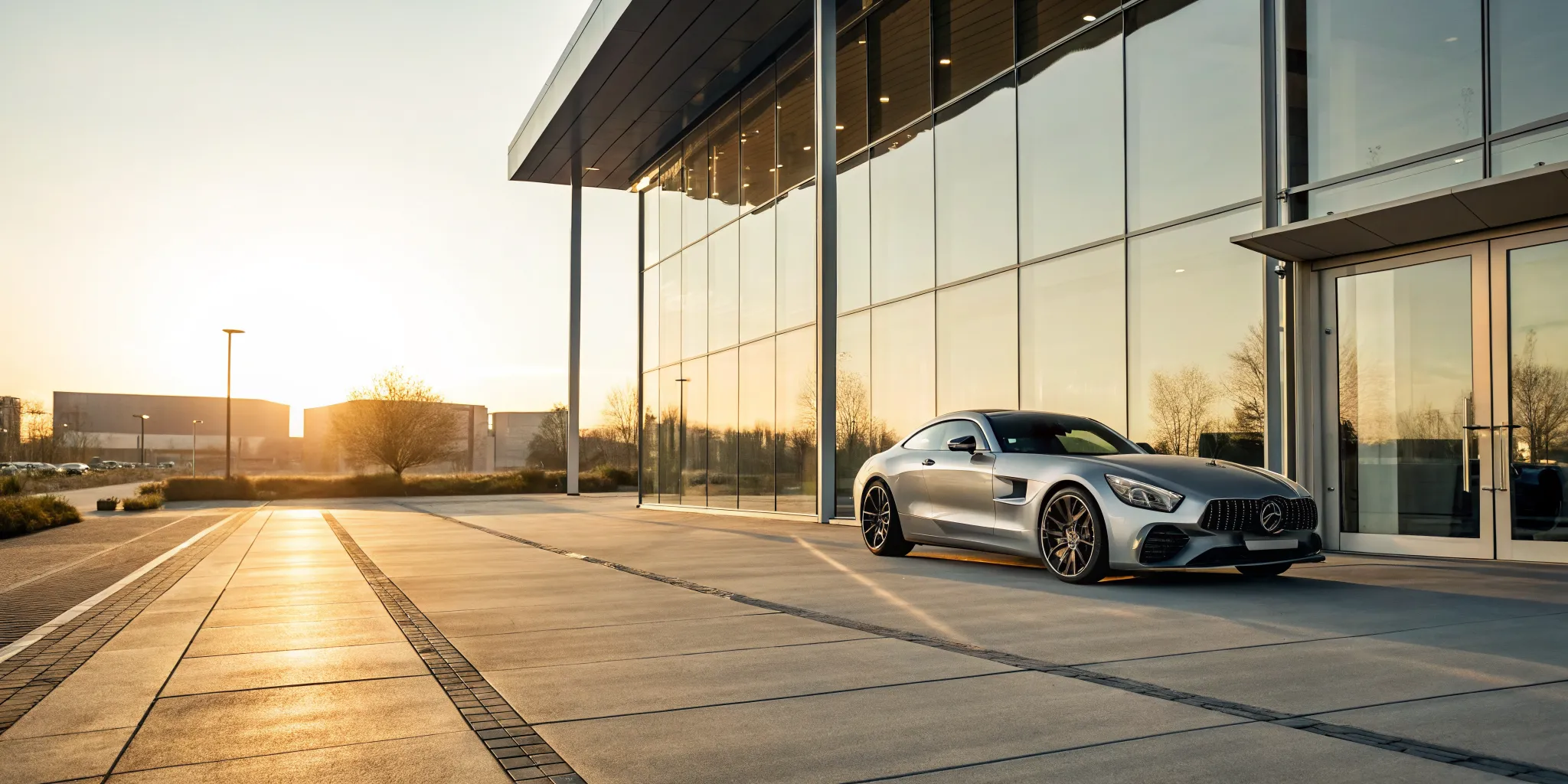 2020 Mercedes-Benz AMG GT for sale parked at a dealership in Plano, Texas at sunset.