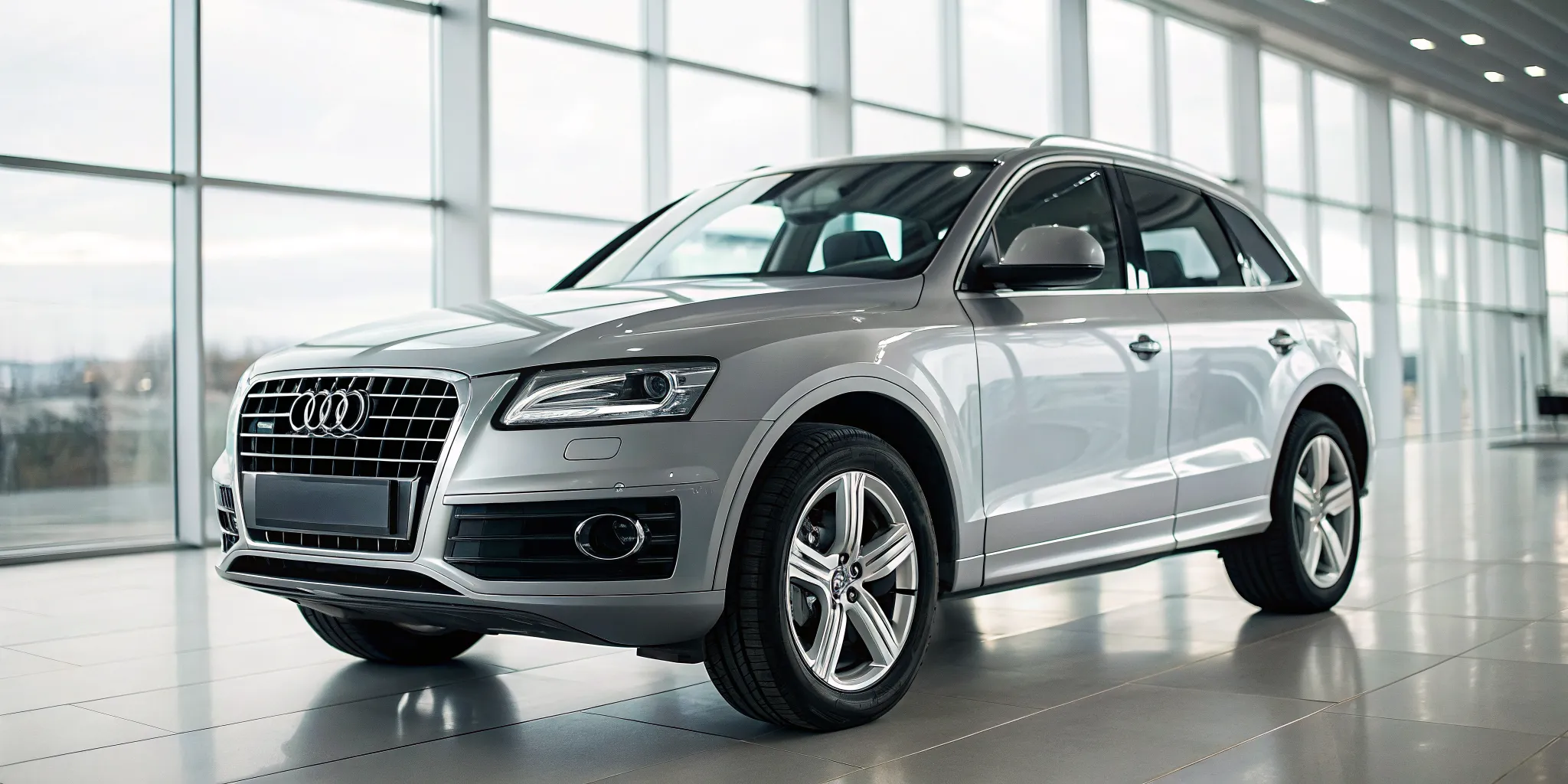 Used silver Audi Q5 SUV in a dealership showroom for under $15k.