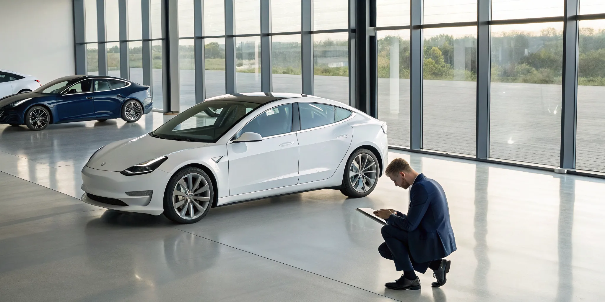 A used Tesla Model 3 for sale under $25,000 being inspected in a showroom.