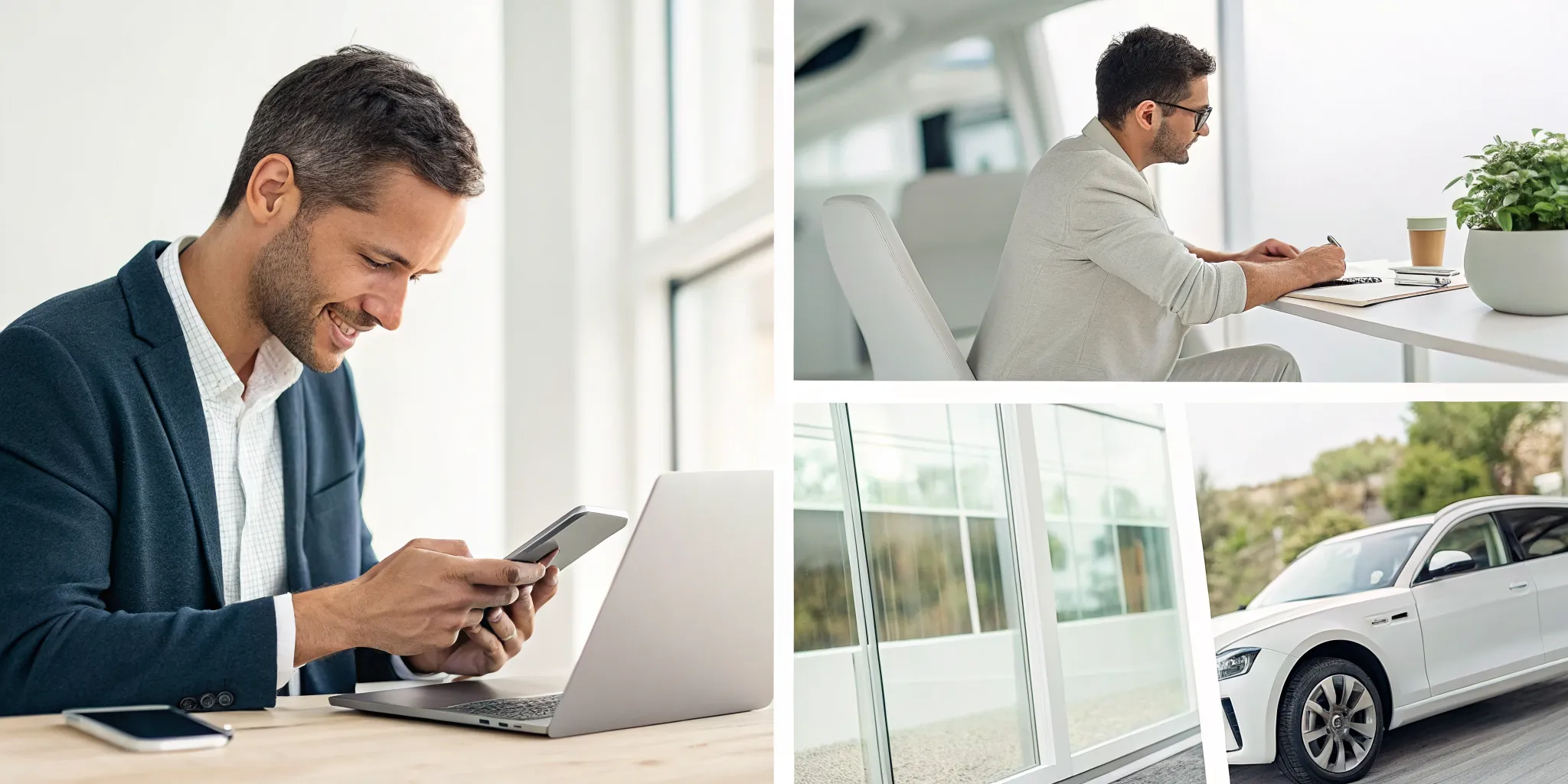 Man at a desk learning how to get pre-qualified for a car loan, with a car visible outside.
