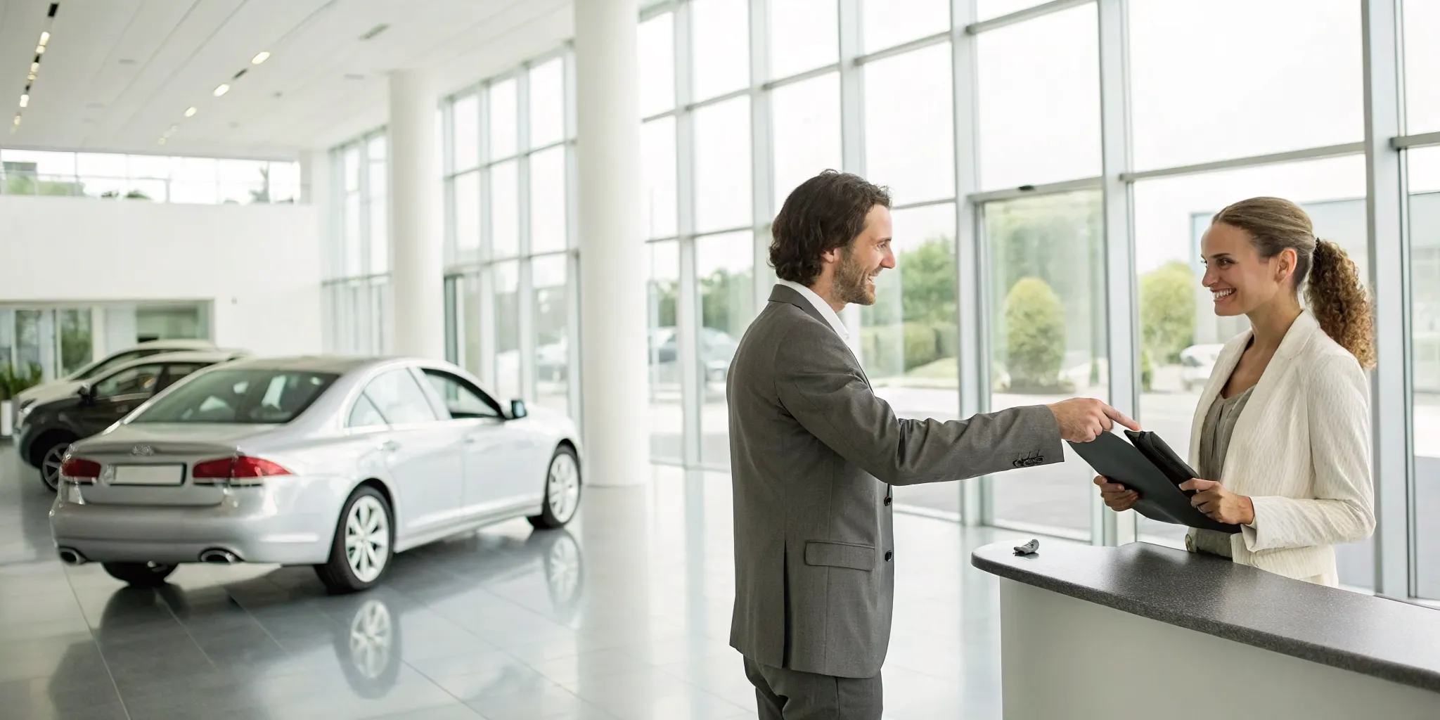 Man selling his used car at a dealership and completing the final paperwork.