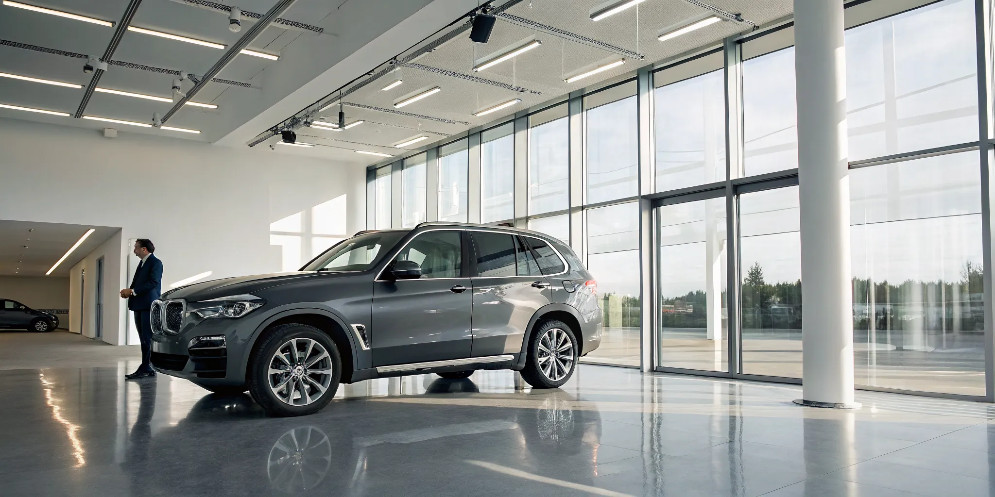 Certified pre-owned BMW X5 SUV in a modern dealership showroom.