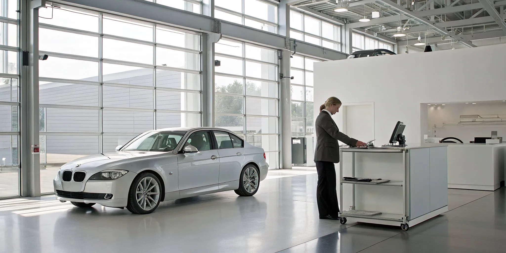 BMW sedan in a dealership service center, with a staff member reviewing the extended maintenance plan.