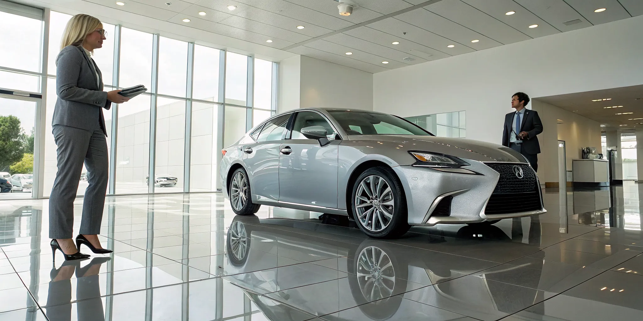 A silver pre-owned Lexus for sale on display in a dealership showroom.