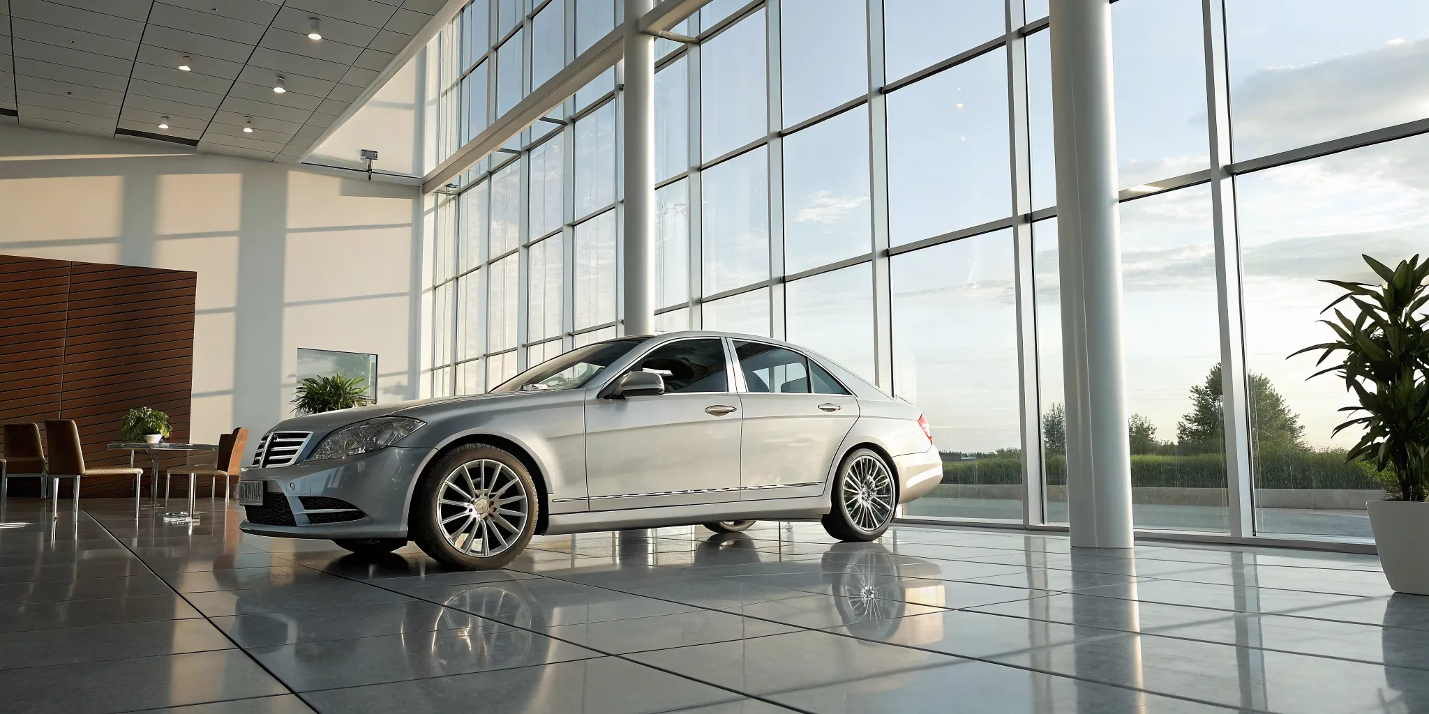 Silver certified pre-owned Mercedes-Benz sedan in a bright dealership showroom.