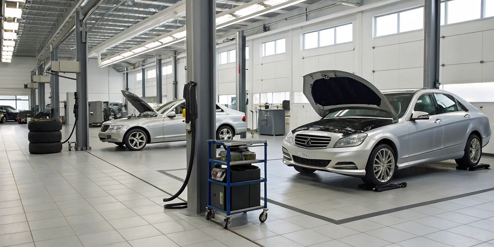 A Mercedes with its hood open, following the maintenance schedule for Service A or B.