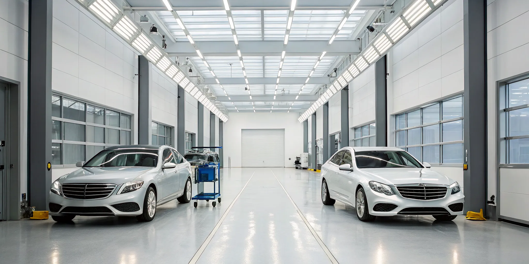 A Mercedes sedan in a service center, weighing the cost of Service A vs B.