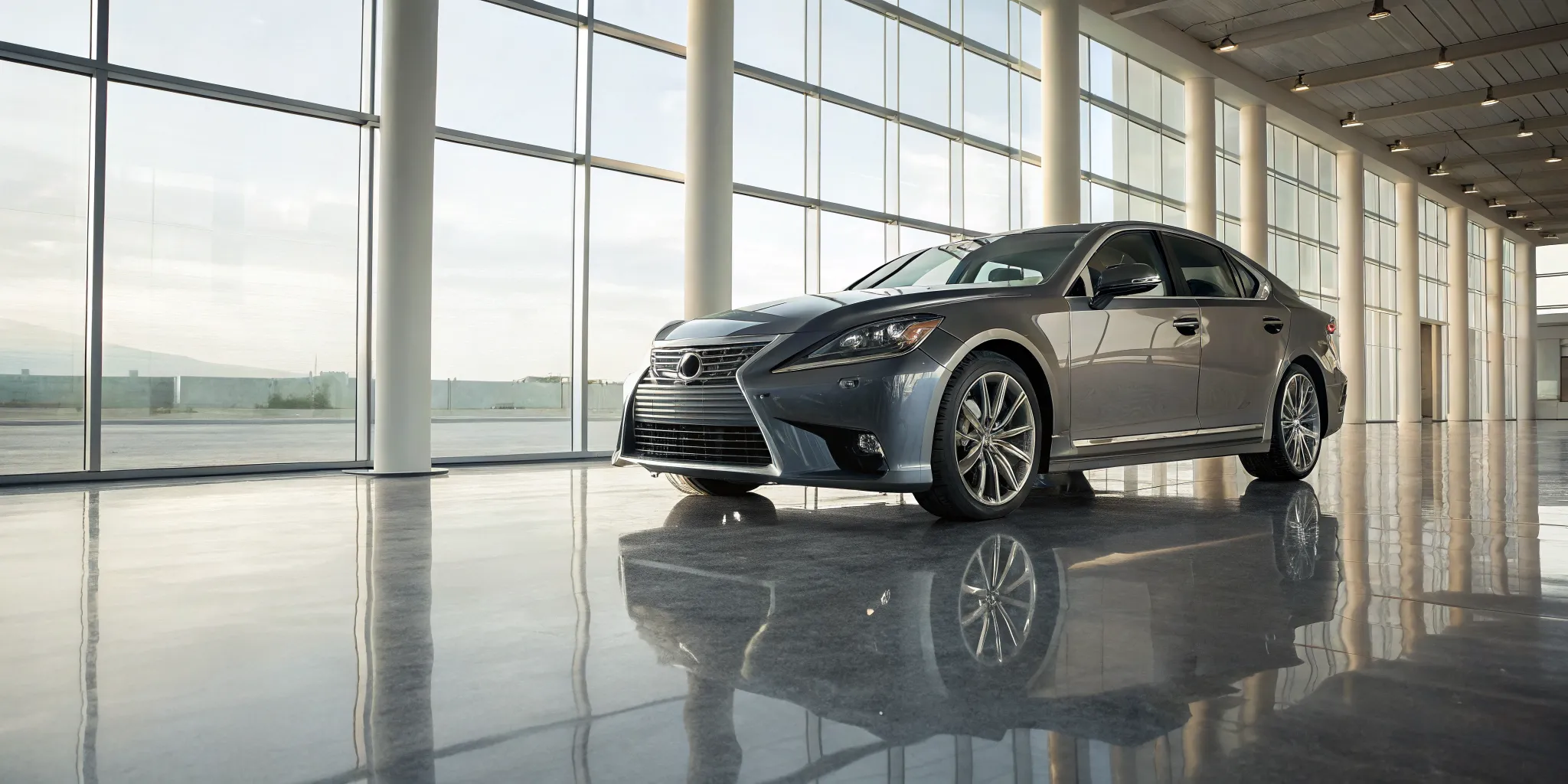 A pre-owned Lexus LS luxury sedan for sale on display in a dealership showroom.
