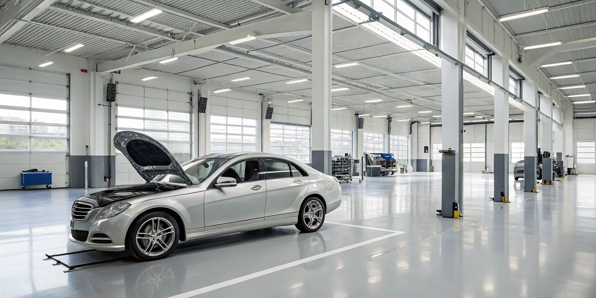 Mercedes sedan with its hood open for a B service checklist.