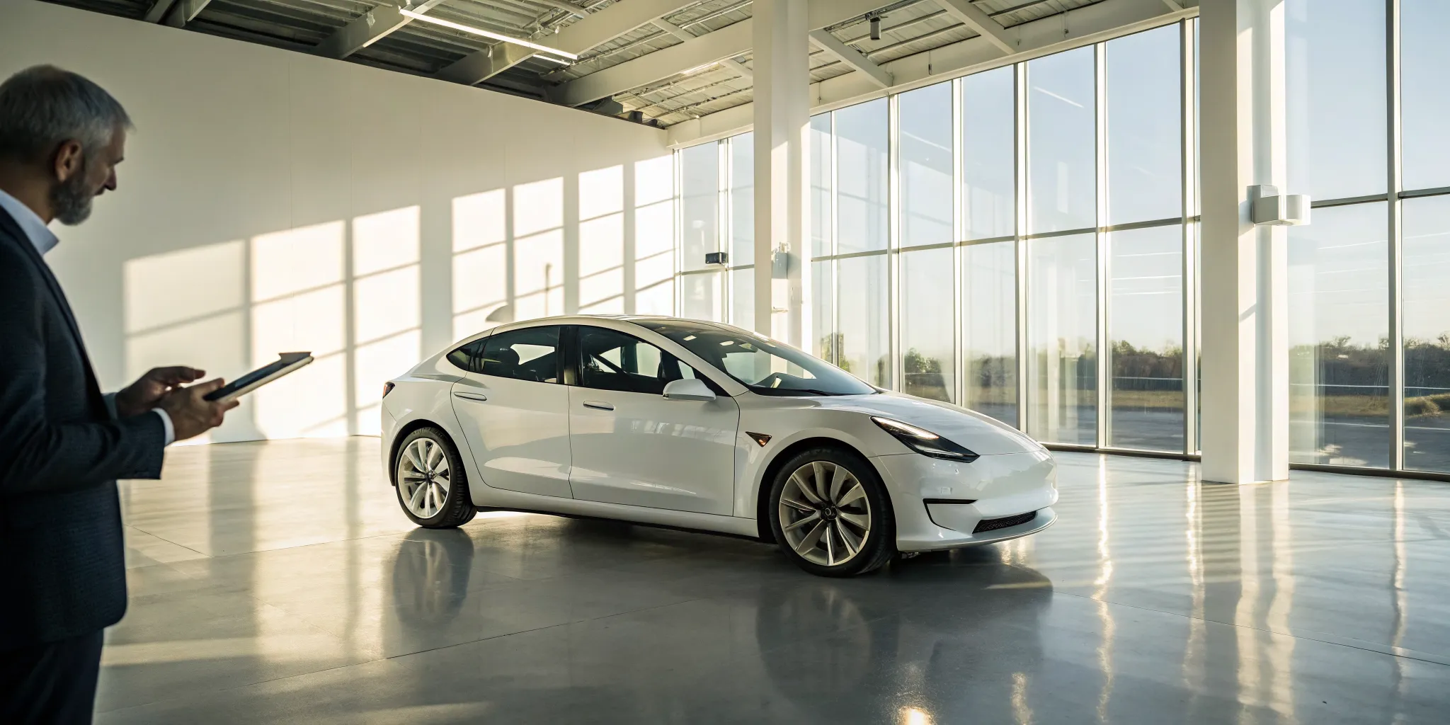 White used Tesla Model 3 ready to buy from a dealership showroom.
