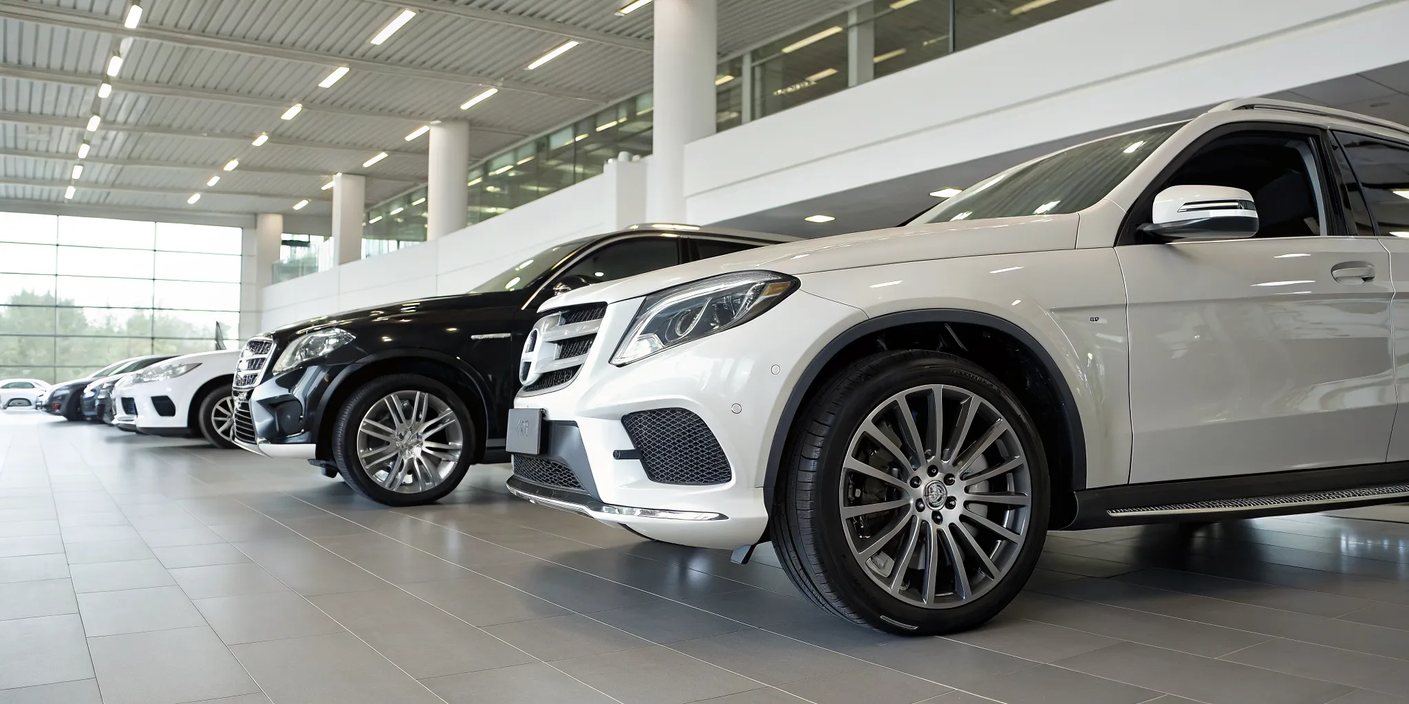 A selection of top pre-owned luxury SUV models in a dealership showroom.