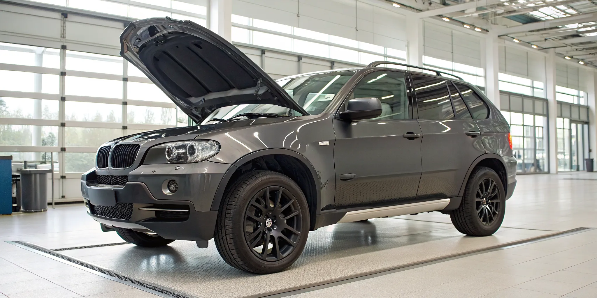 A mechanic inspects a used BMW X5 for sale using a pre-purchase checklist.