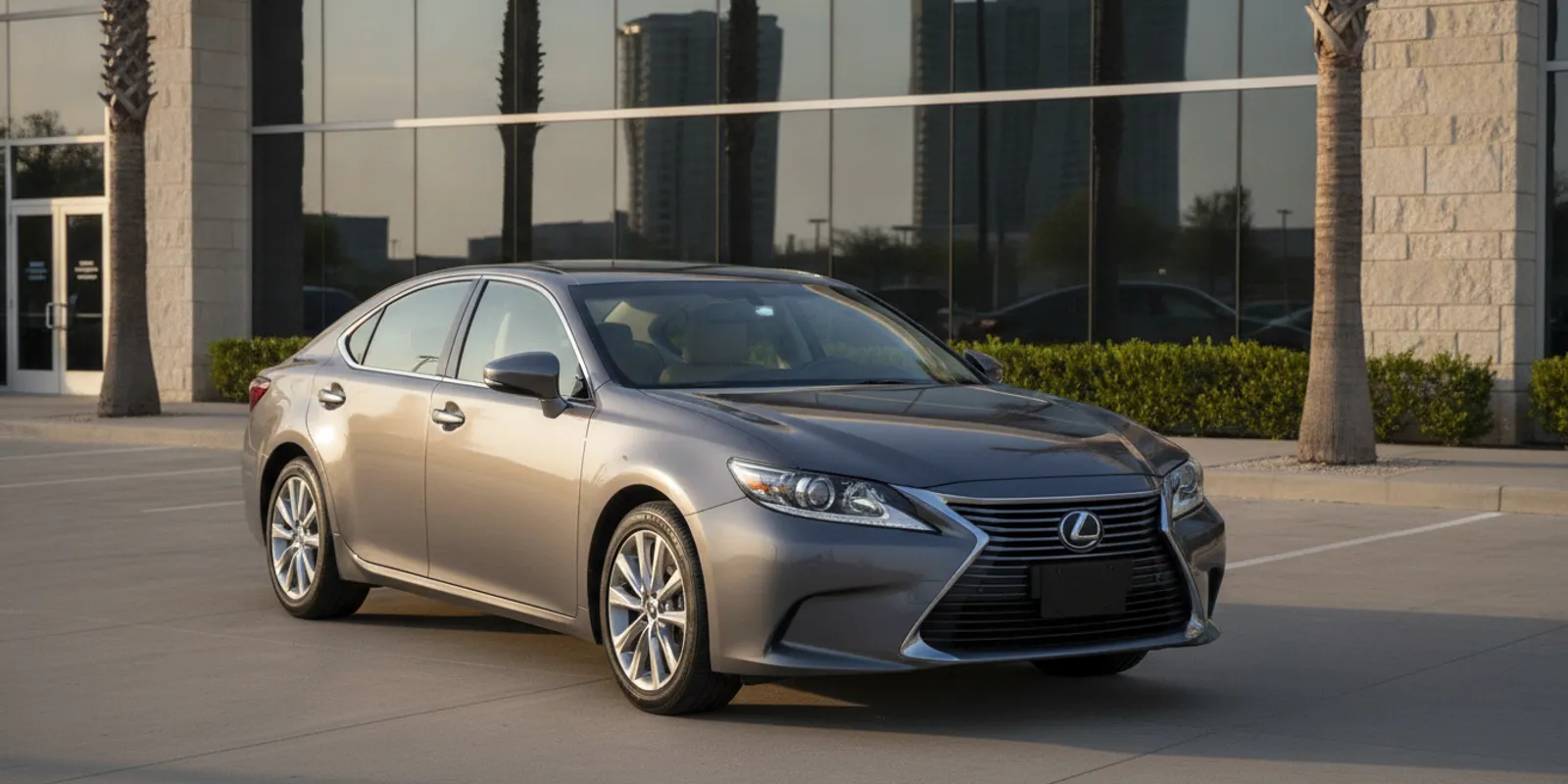 Pre-owned Lexus ES 350 sedan parked outside a modern dealership in Plano, Texas