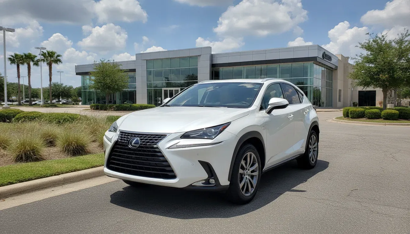 Lexus NX luxury compact SUV parked in front of a modern dealership showroom in Plano, Texas