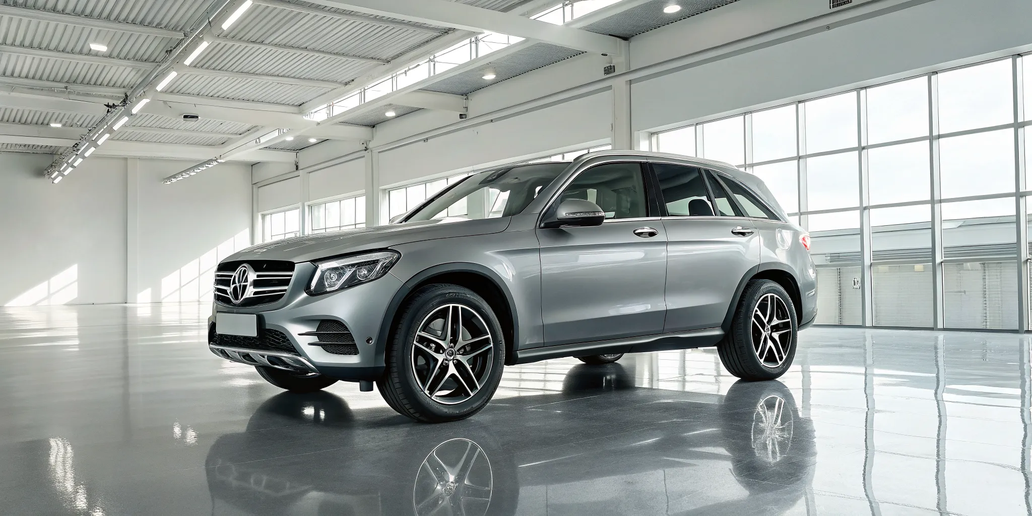 A silver used Mercedes GLC for sale on display in a dealership.