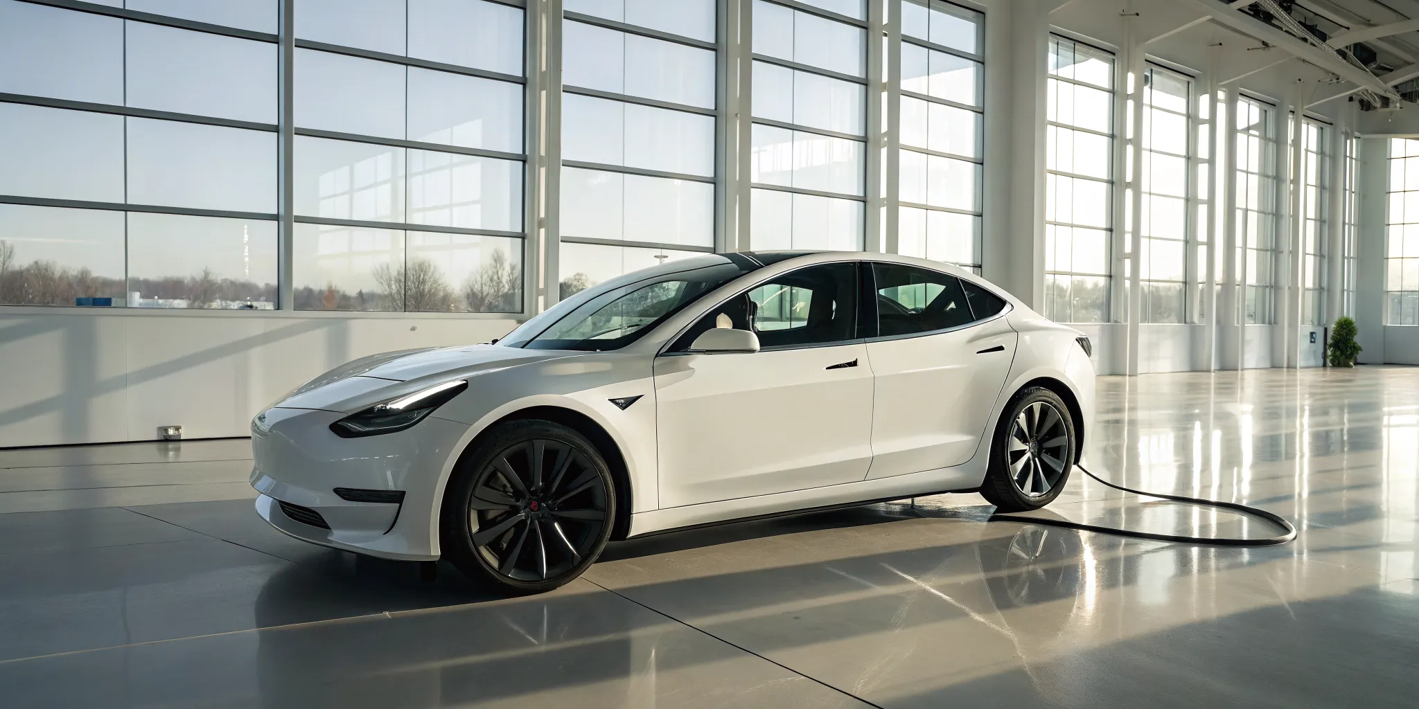 White Tesla Model 3 for sale charging indoors.
