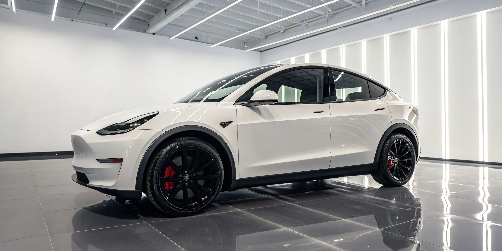 Used Tesla Model Y Performance in white with black wheels on display at a dealership.