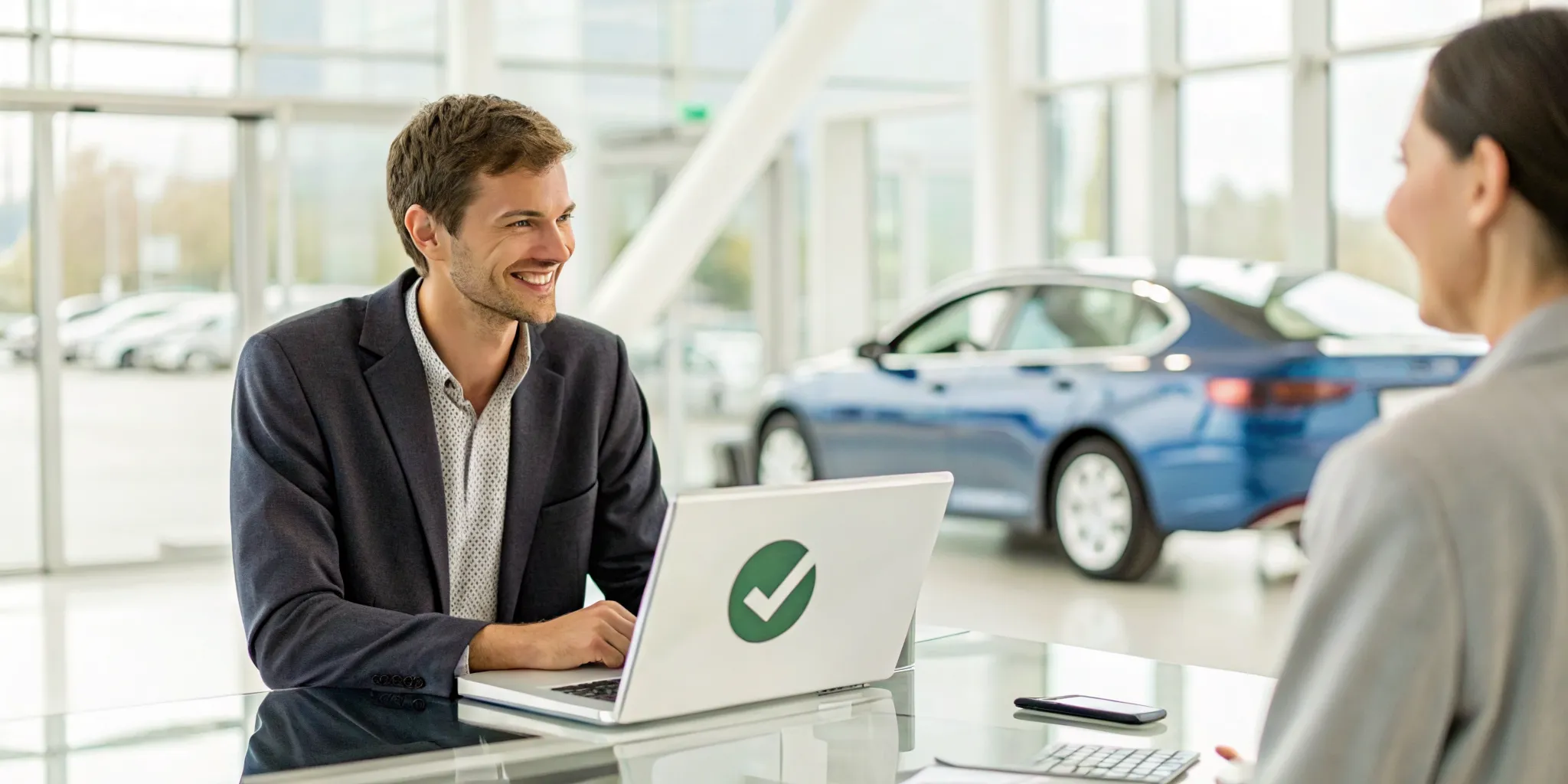 A customer at a dealership learning how to pre-qualify for an auto loan.