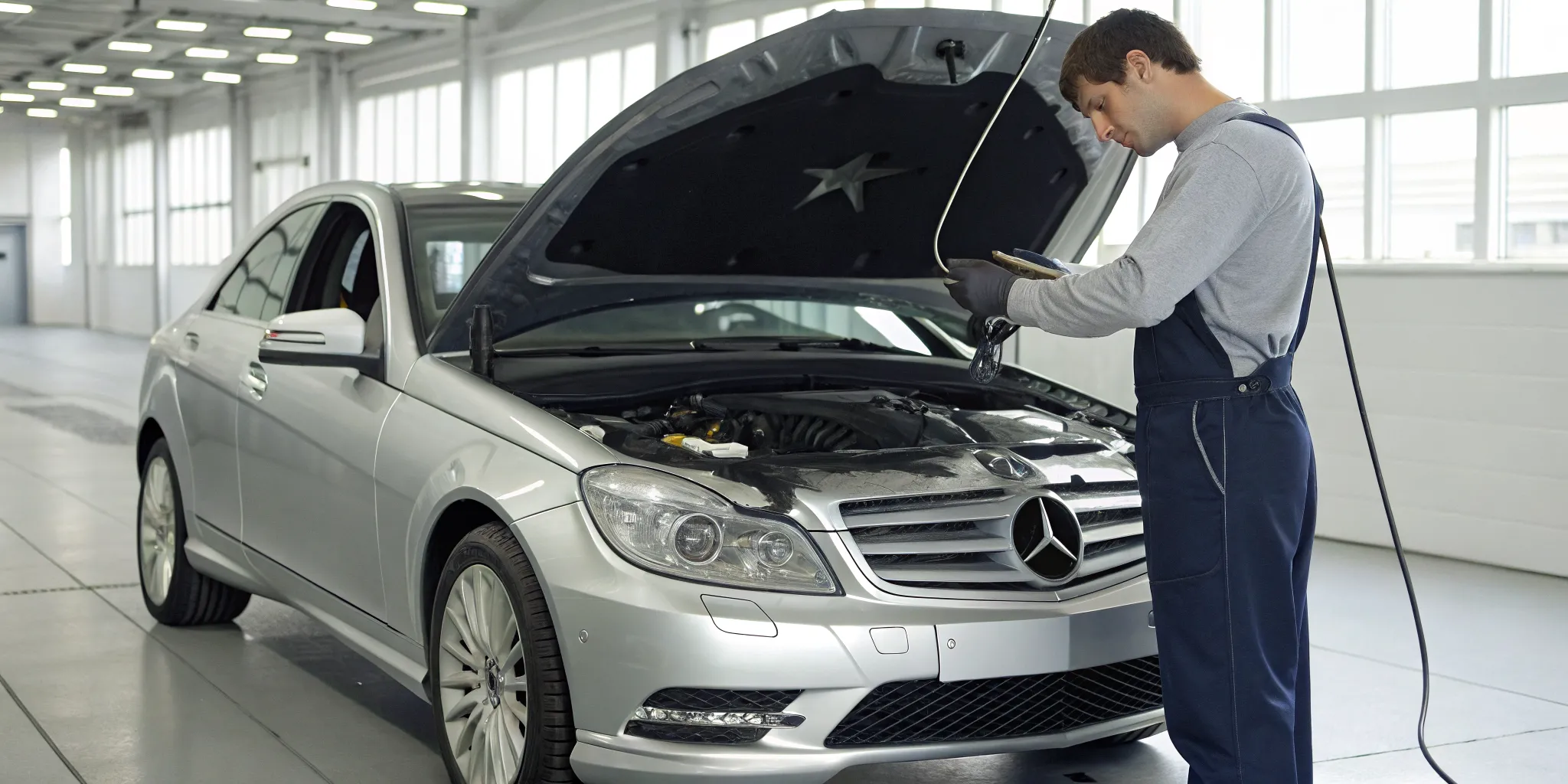 Certified Mercedes-Benz mechanic performing engine diagnostics.