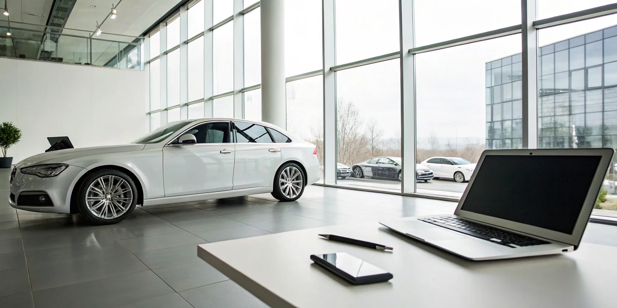 A white car in a dealership, an option for where to sell my car for the most money.