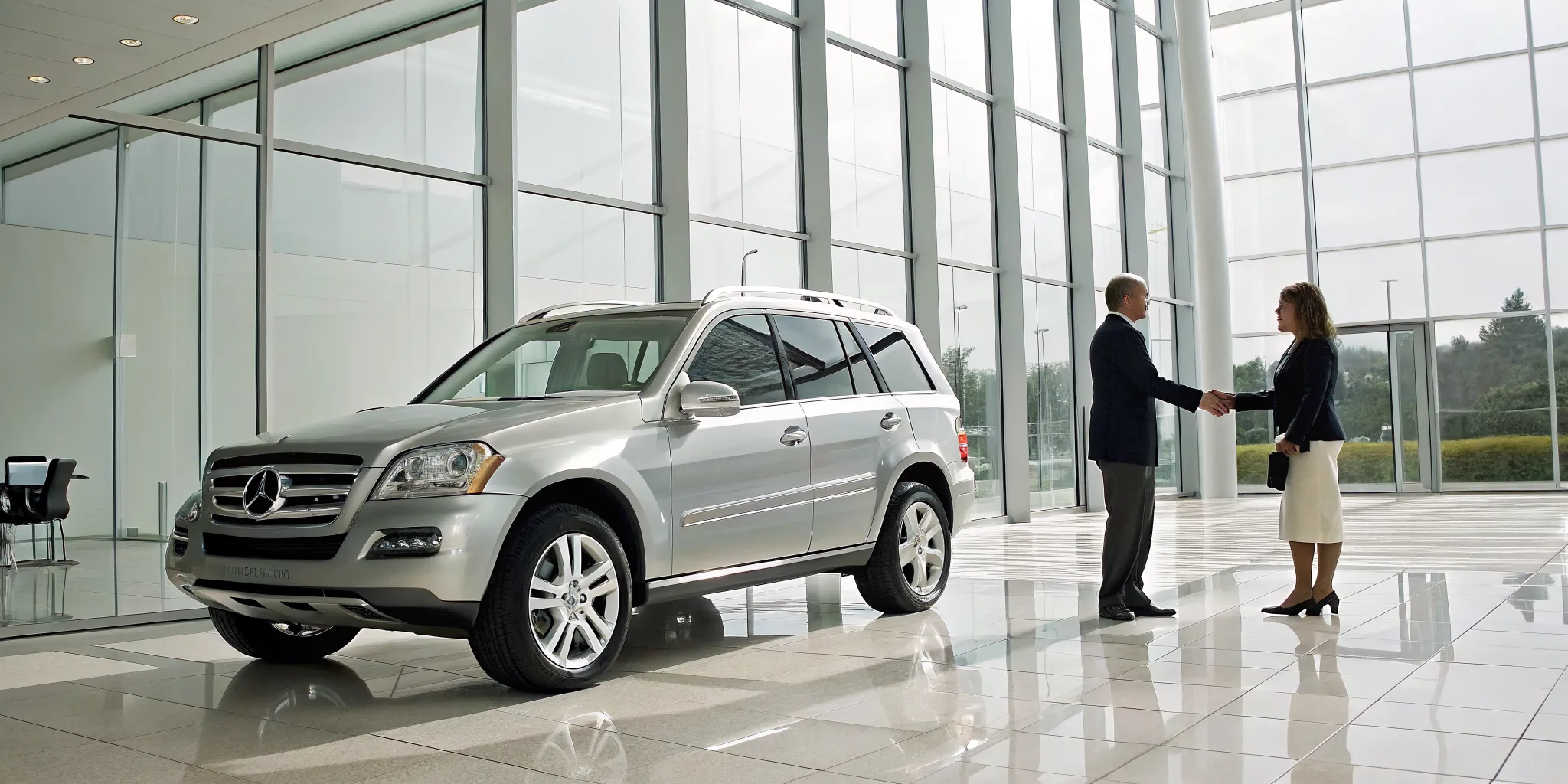 Customer and dealer shake hands over the purchase of a certified pre-owned Mercedes SUV.