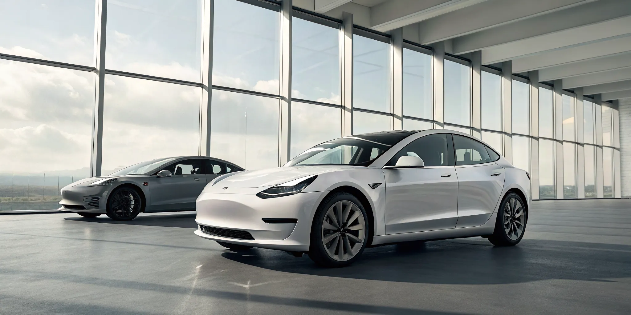 Used 2021 Tesla Model 3 for sale, with white and silver models parked in a showroom.