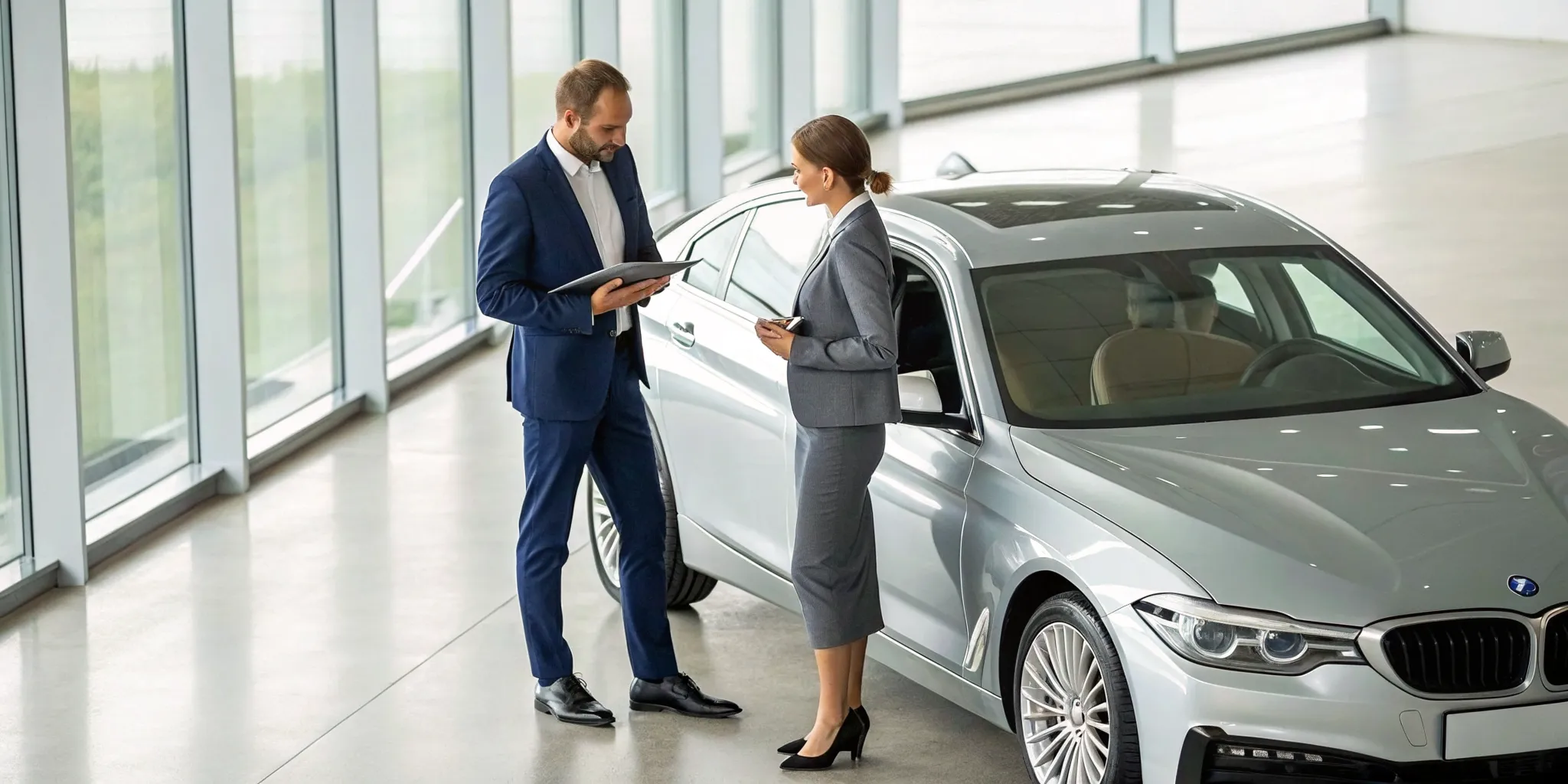 Professionals in a showroom discussing a certified pre-owned BMW.