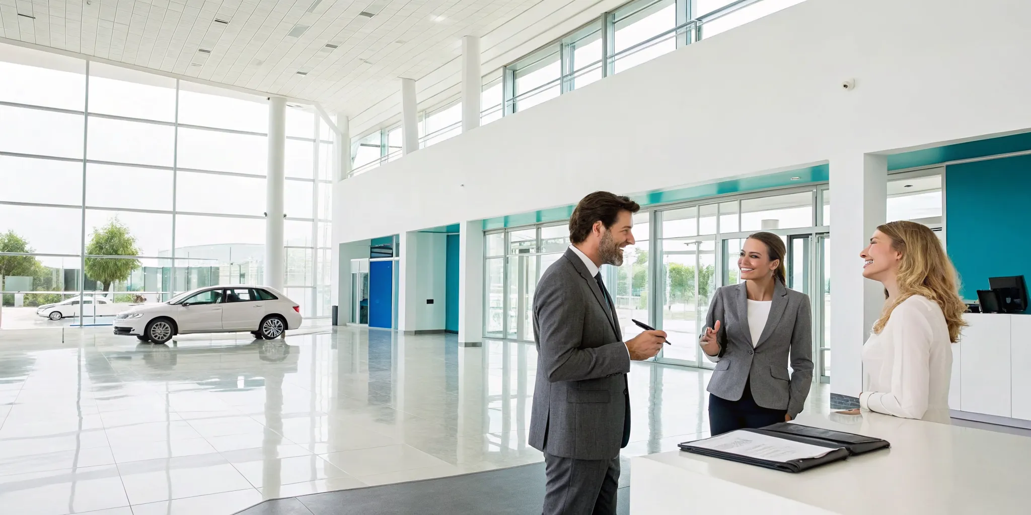 Dealership staff explaining used car financing for a buyer with no credit.