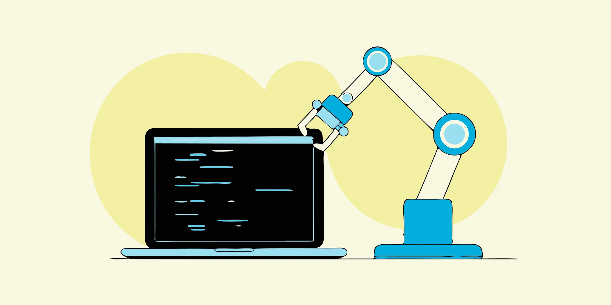 JavaScript automation testing with robotic arm on laptop.