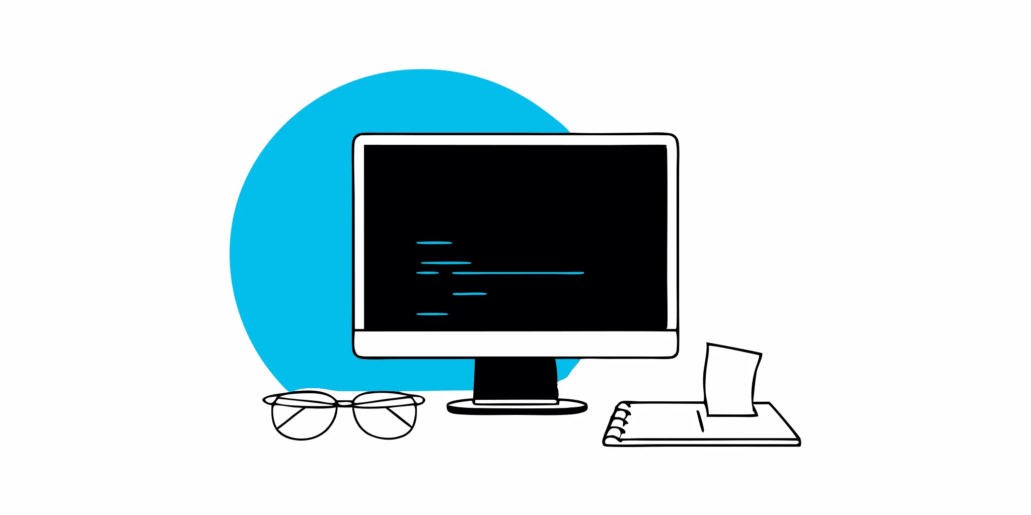 Software module testing tools: Code, glasses, and notebook.