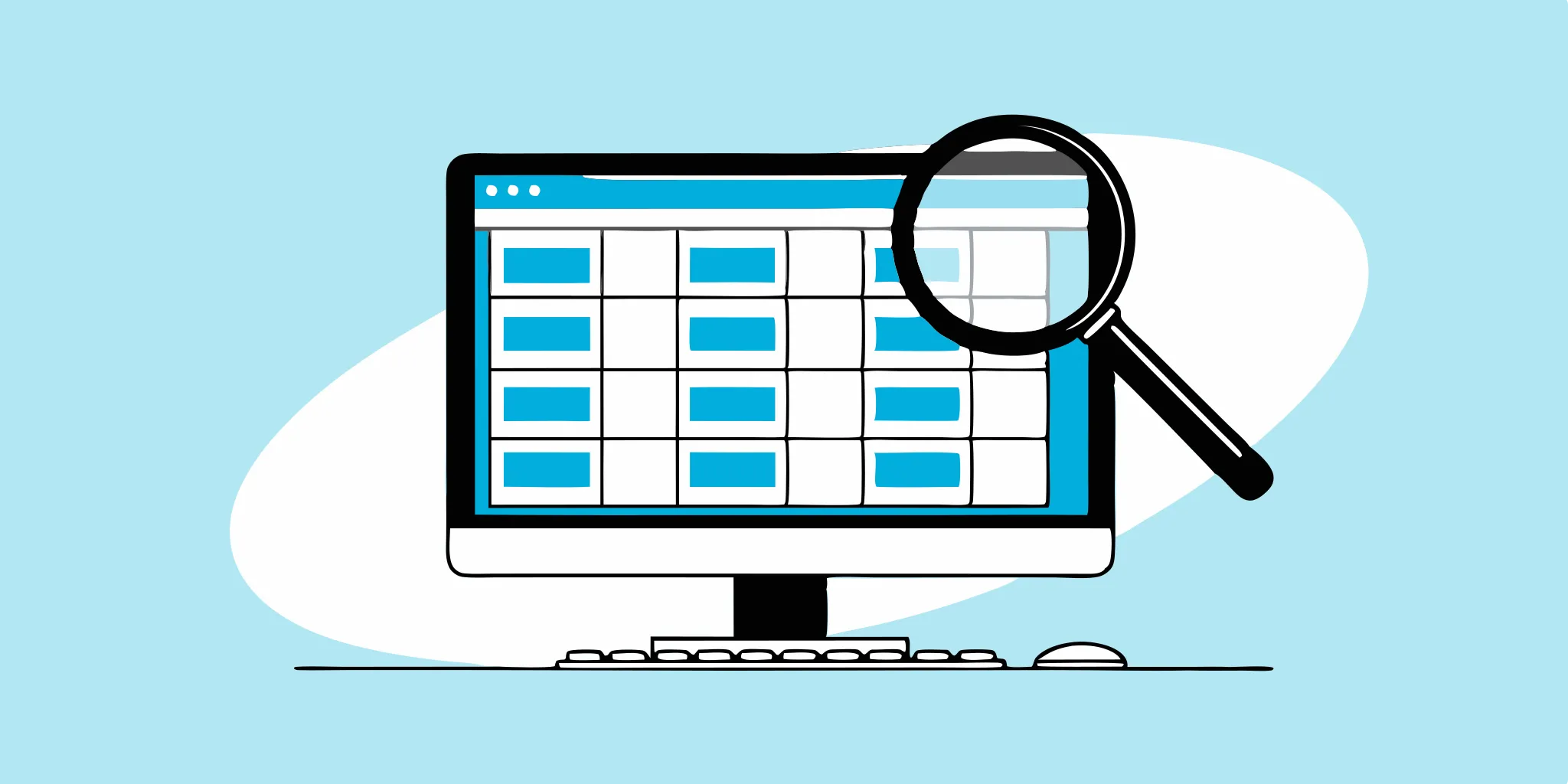 Software quality control check with magnifying glass.