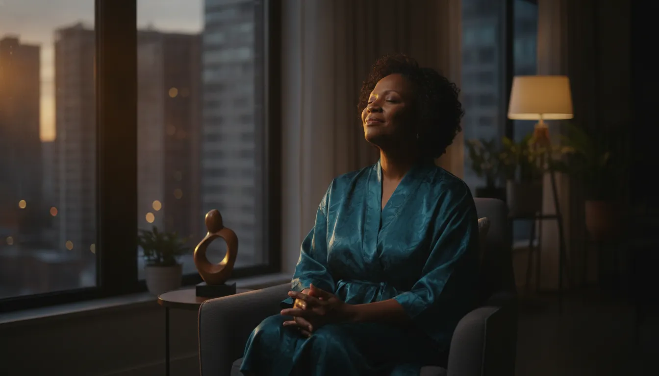 A Black woman in her fifties resting by a city window as warm light enters a shadowed room