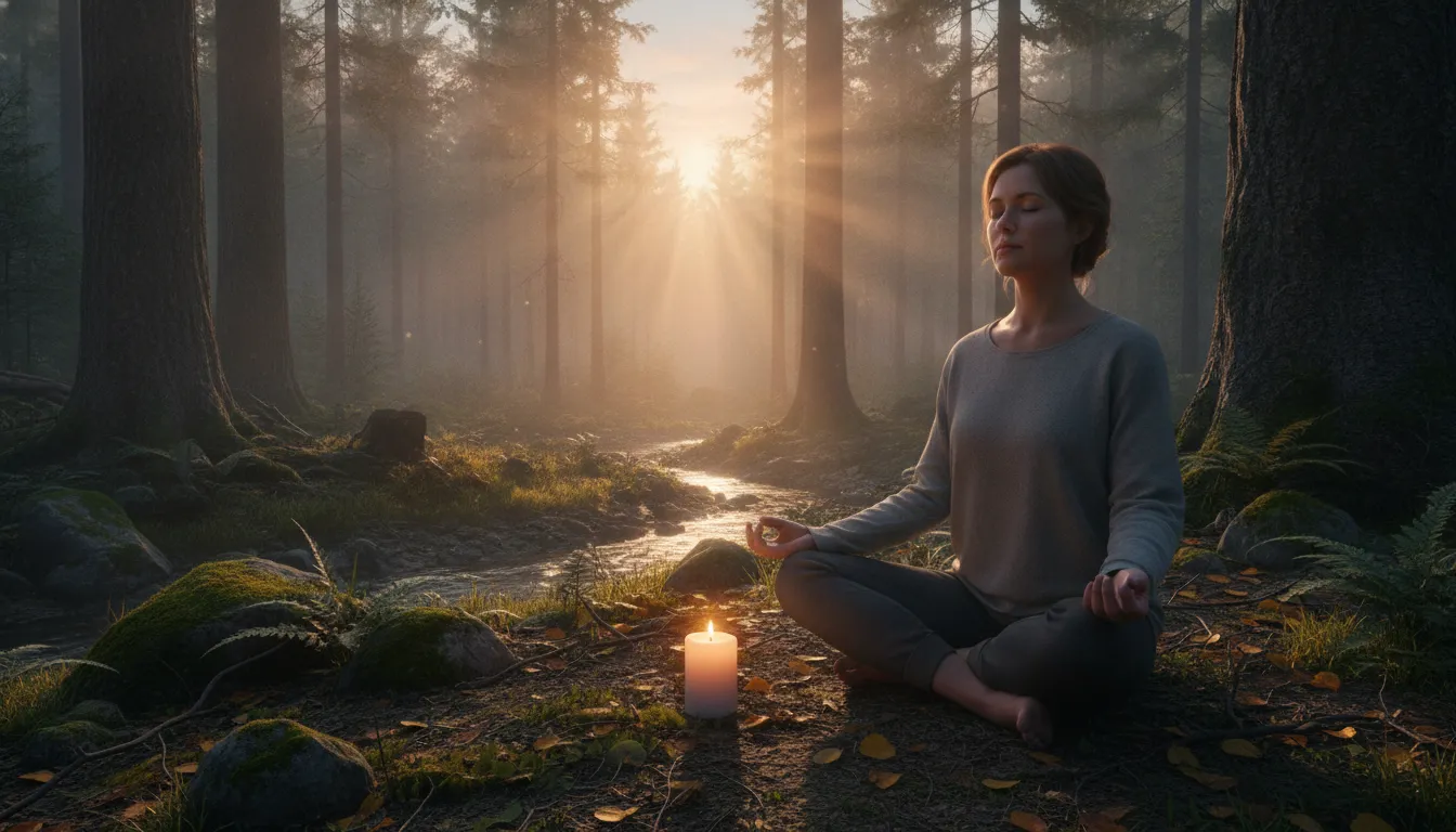 Person practicing spiritual grounding beside a candle in nature