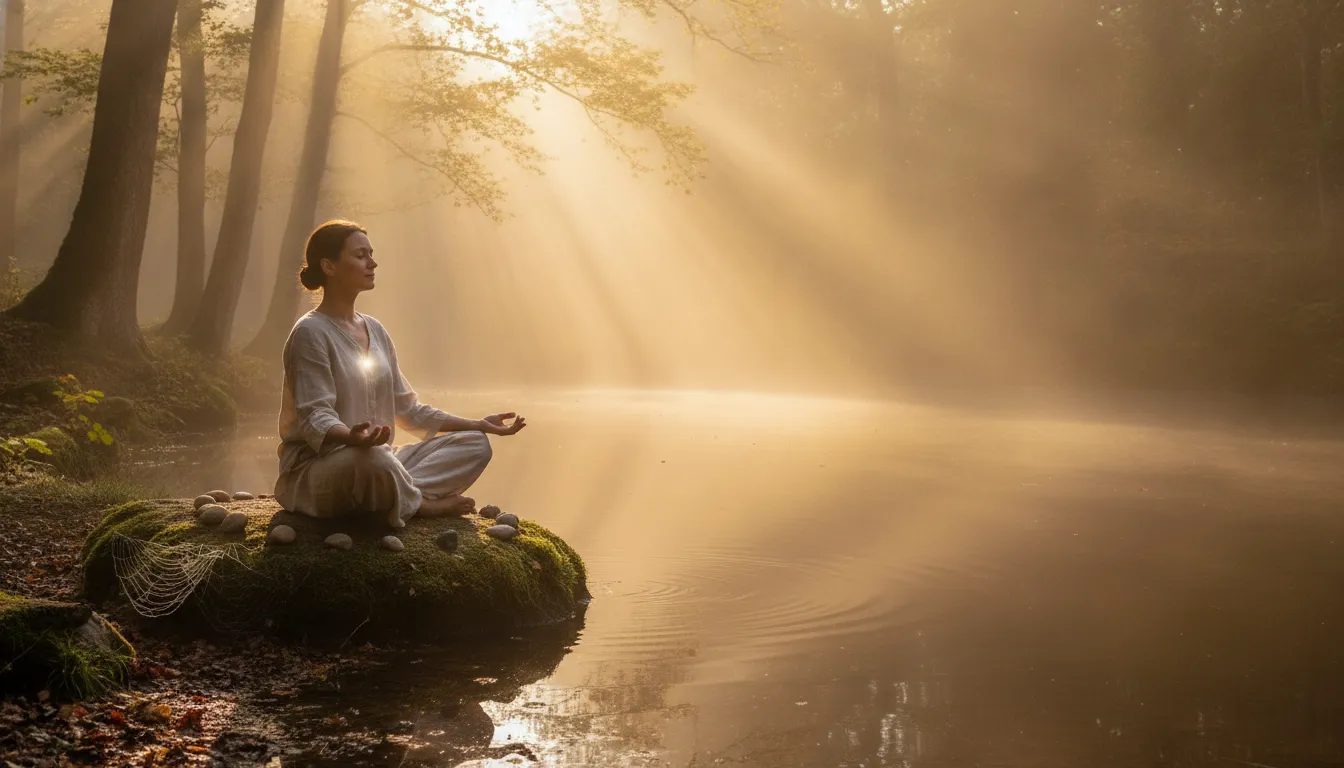 Person resting quietly in warm morning light while seeking spiritual connection