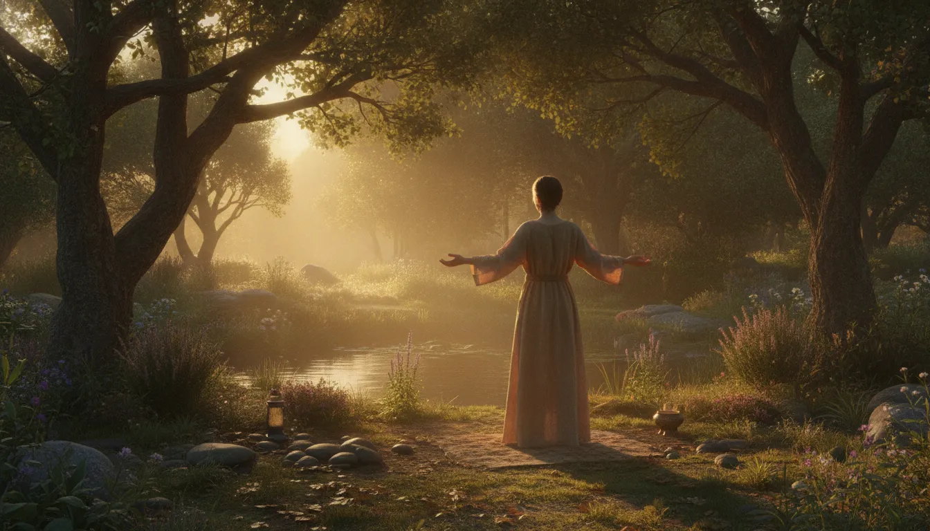 A person sitting peacefully in a sunlit garden with hands open, representing a personal relationship with God outside of religion