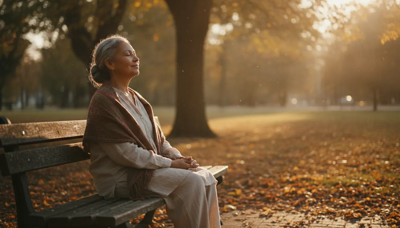 A serene older woman sitting peacefully on a park bench at golden hour, surrounded by trees and soft warm light filtering through leaves, embodying quiet spiritual connection with nature.