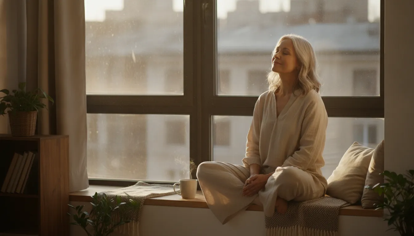 A woman over fifty sitting quietly on a windowsill in peaceful contemplative reflection during a season of spiritual dryness