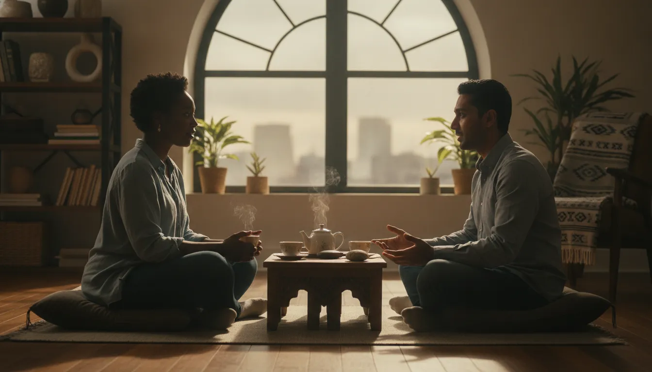 Two people listening with compassion during an honest relationship conversation