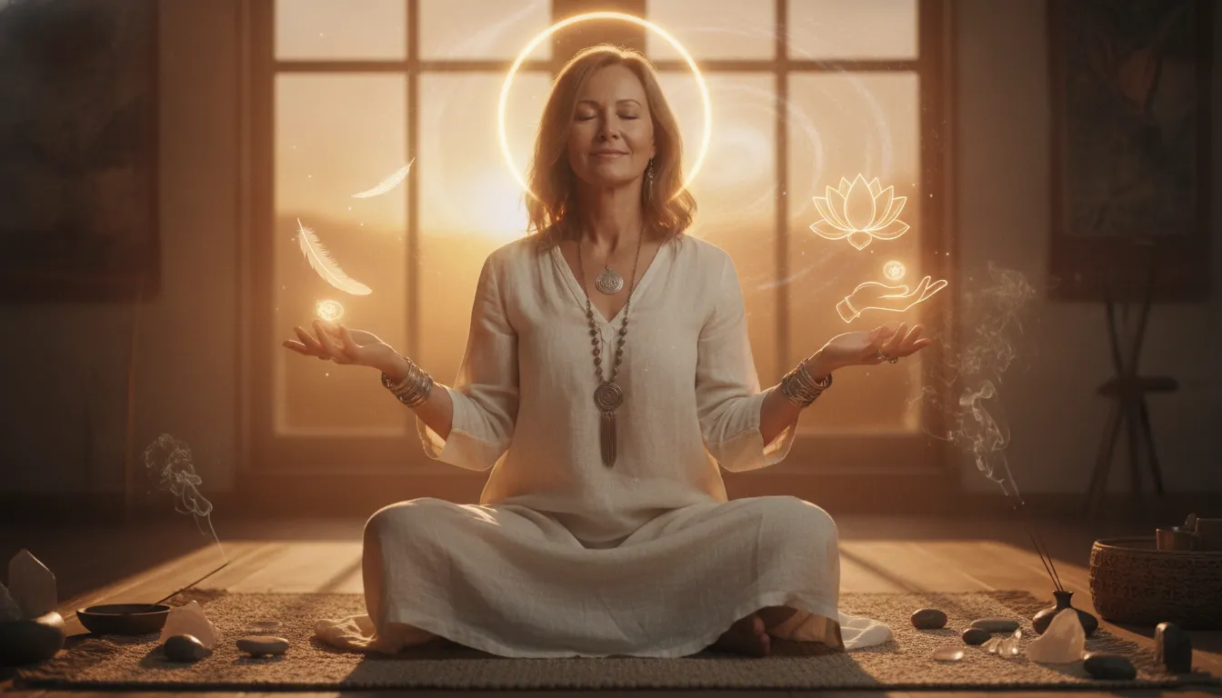 Woman in her 50s sitting peacefully with open hands, soft golden light surrounding her, representing active trust and surrender to God