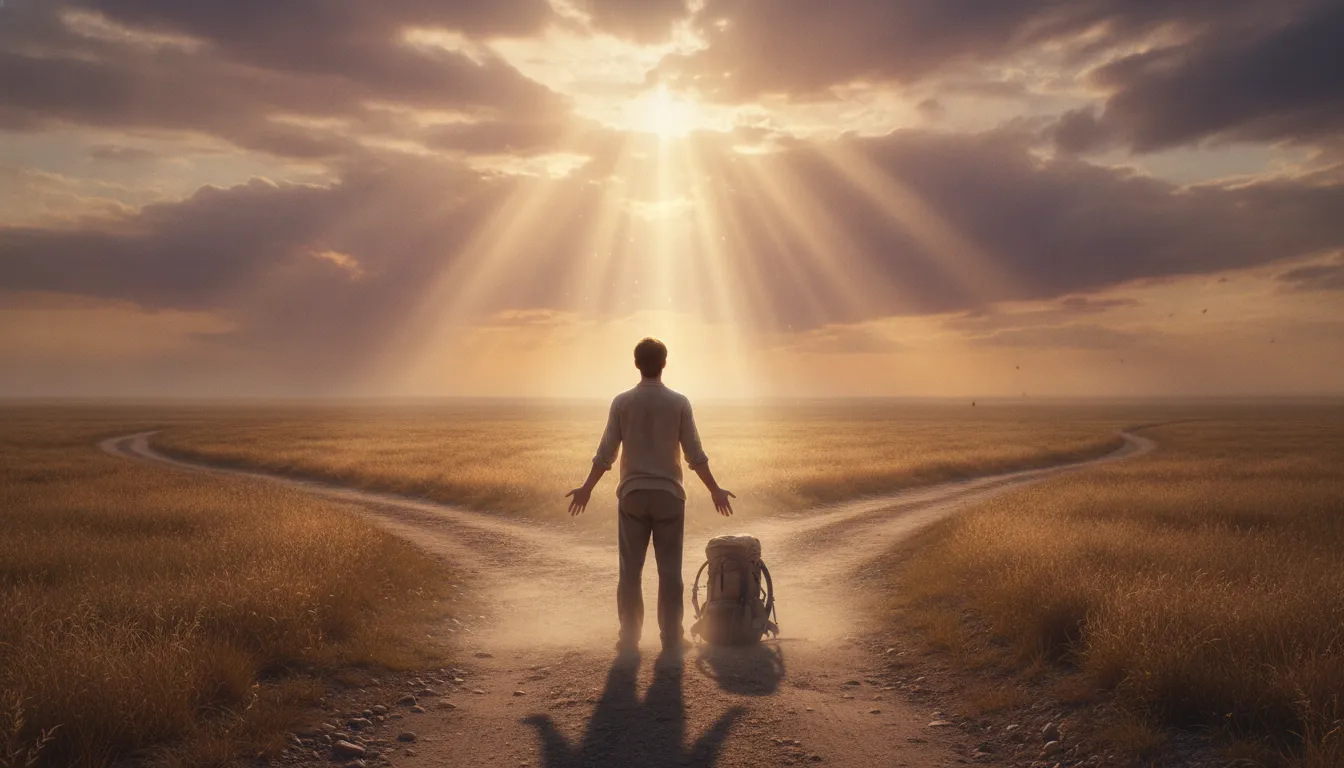 Person at a crossroads releasing a heavy backpack as sunlight breaks through clouds, symbolizing the peace of letting go and trusting God