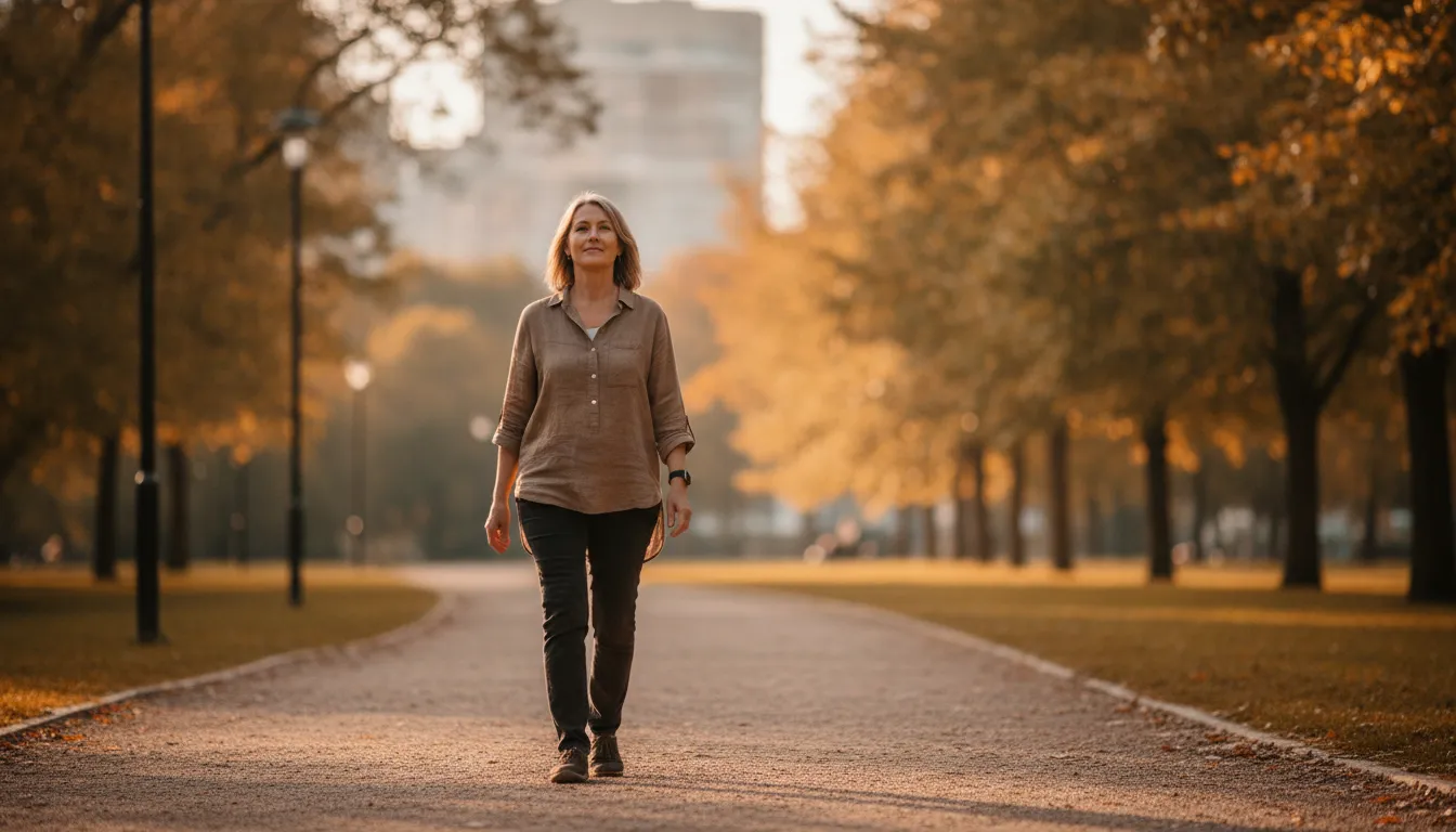 A woman in her fifties walking slowly on a quiet park path at golden hour, present and at peace