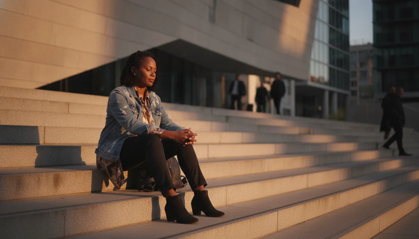 Middle-aged woman in quiet reflection on city steps at dusk