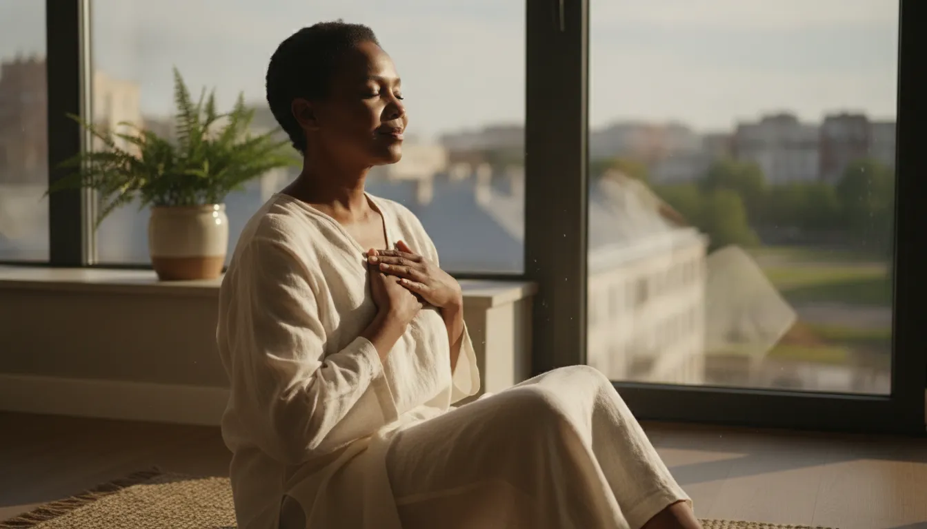 A serene woman of color resting in soft window light, hand over her heart, embodying the peace of knowing she is enough