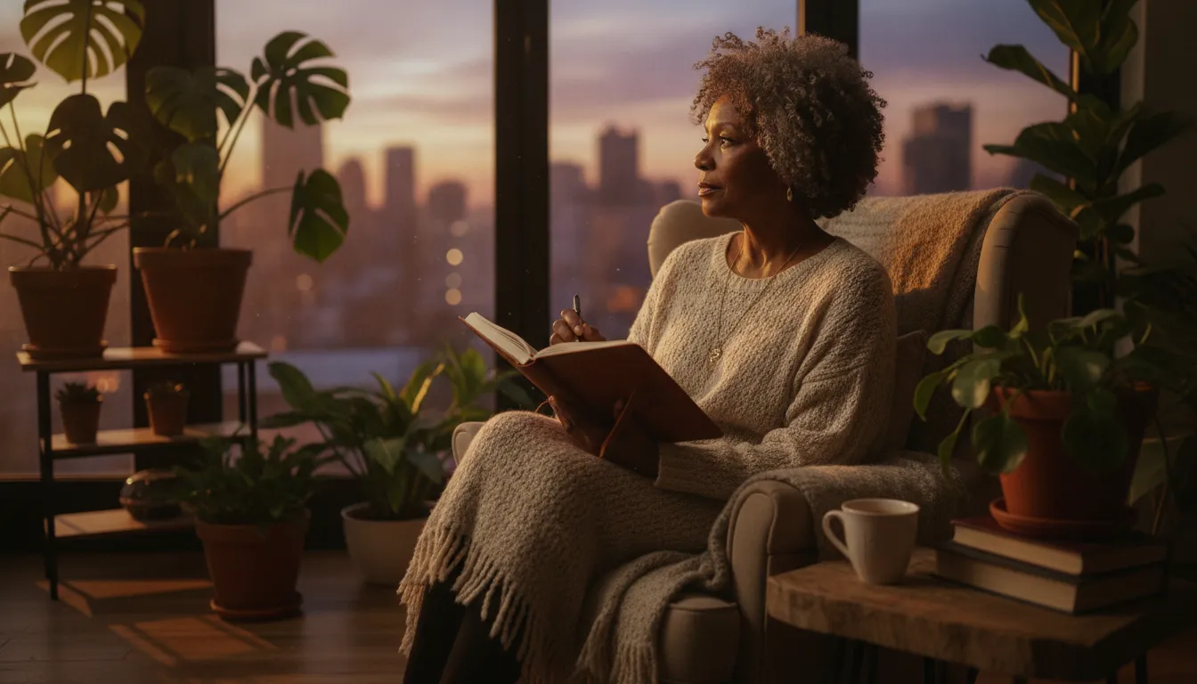 Older woman of color journaling by a window in a cozy sunlit room