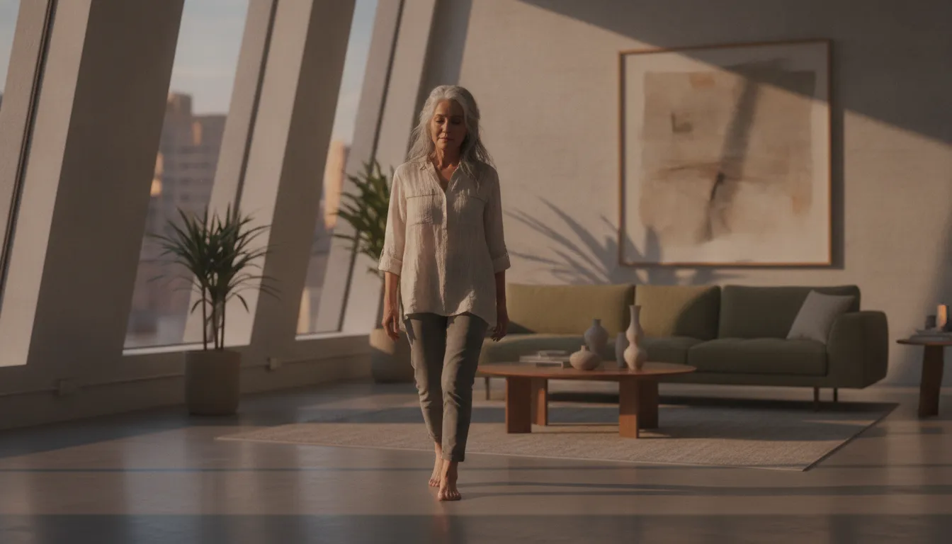 An older woman walking barefoot through a quiet modern home in golden light, a picture of unhurried self-acceptance